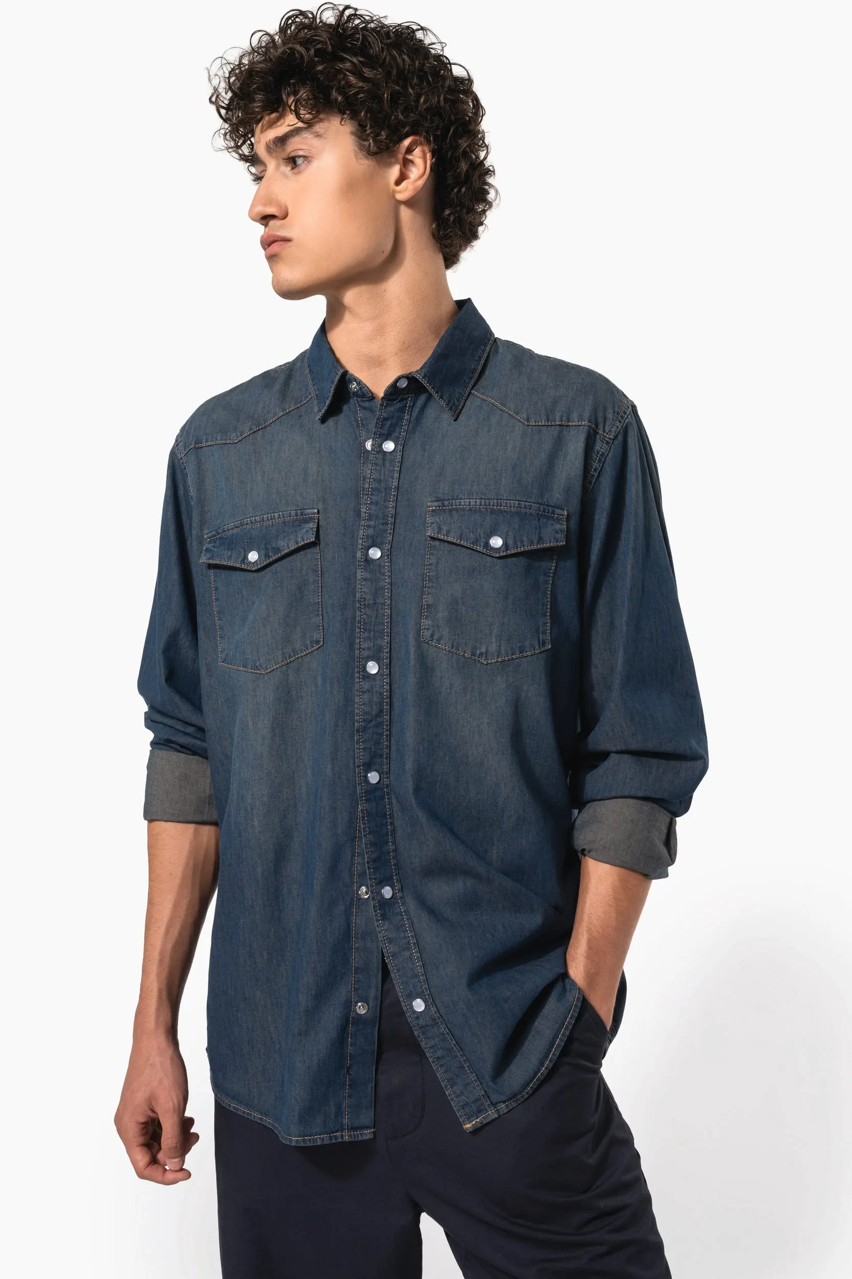 Camisa denim manga larga hombre