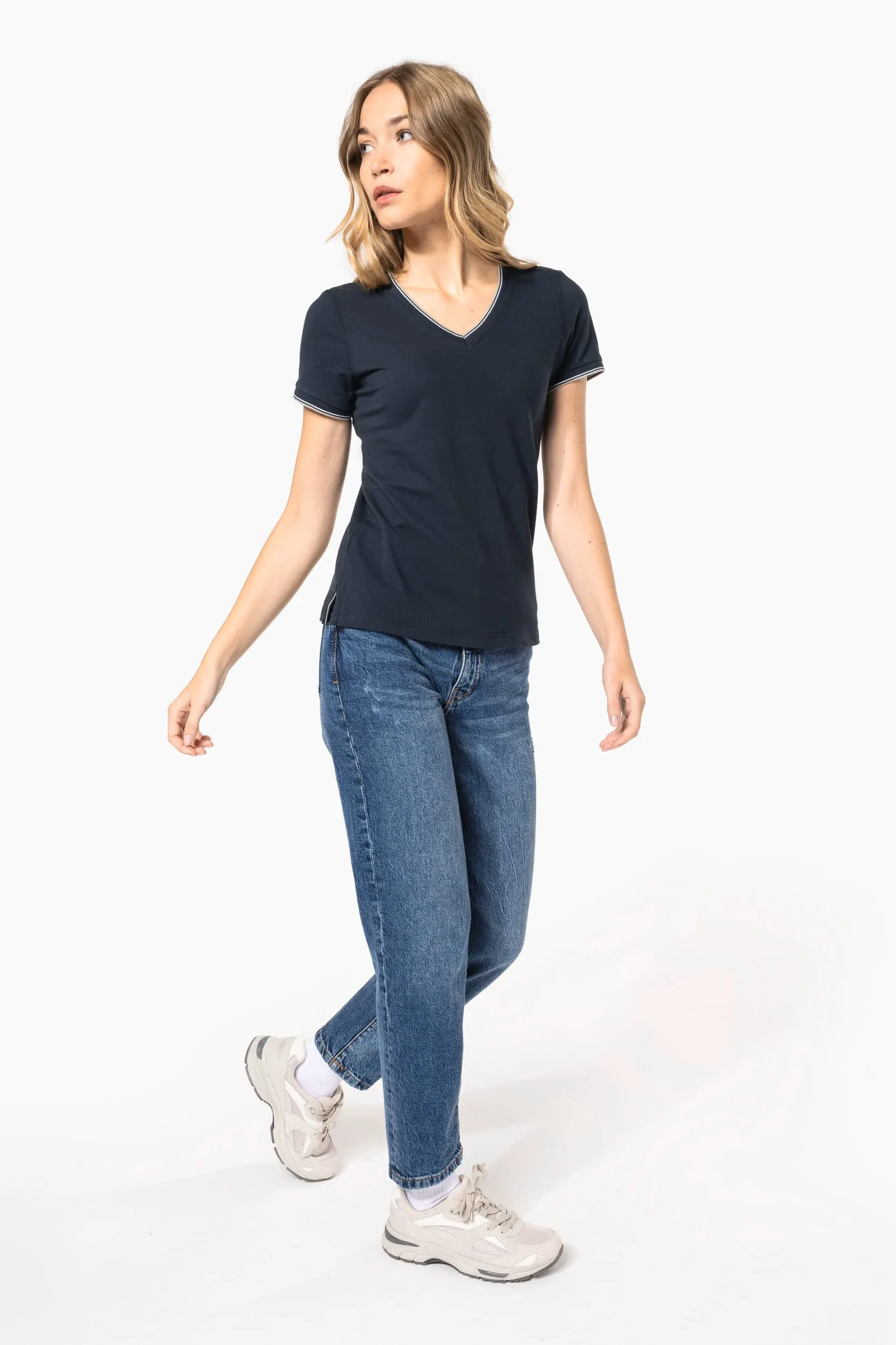 Camiseta de punto piqué con cuello de pico mujer