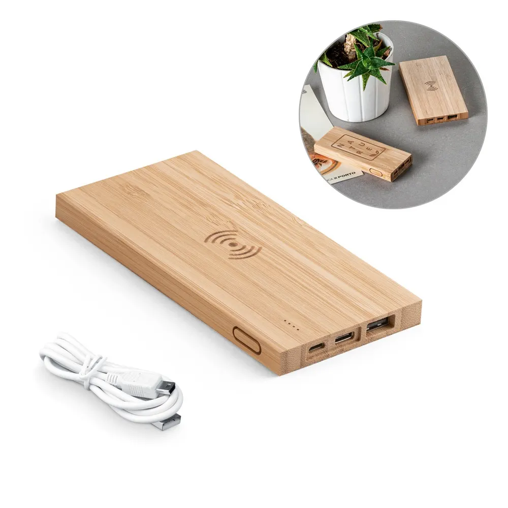 FITCH. Power bank 5'000 mAh con cargador inalámbrico de 5W, fabricado en bambú