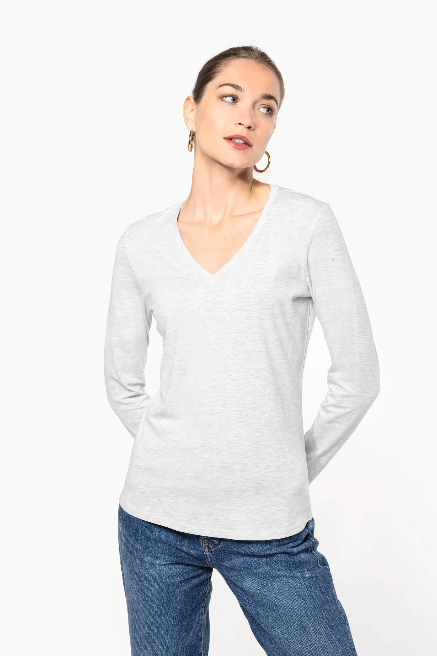 Camiseta manga larga y cuello de pico mujer