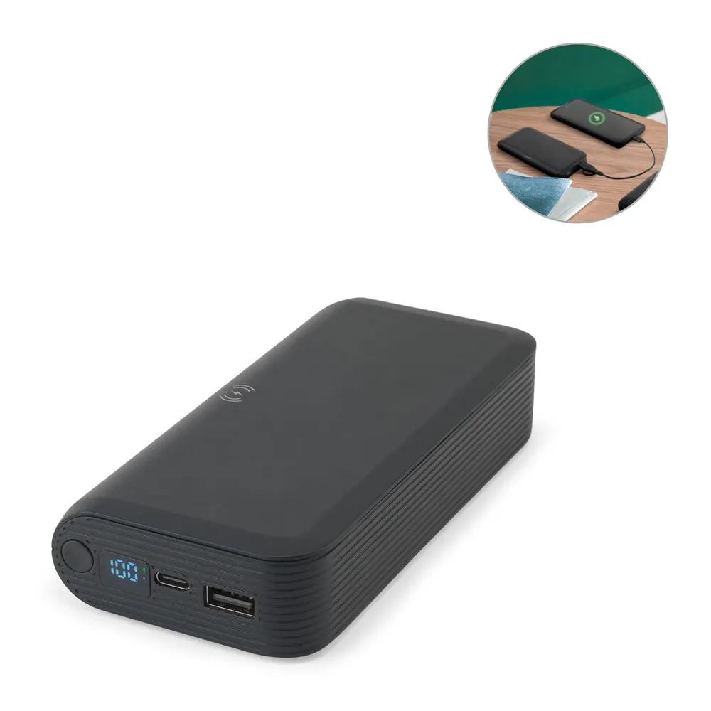 BECKER 20. Batería externa de 20 000 mAh en ABS reciclado (100 % rABS) con cargador inalámbrico ultrarrápido de 15 W