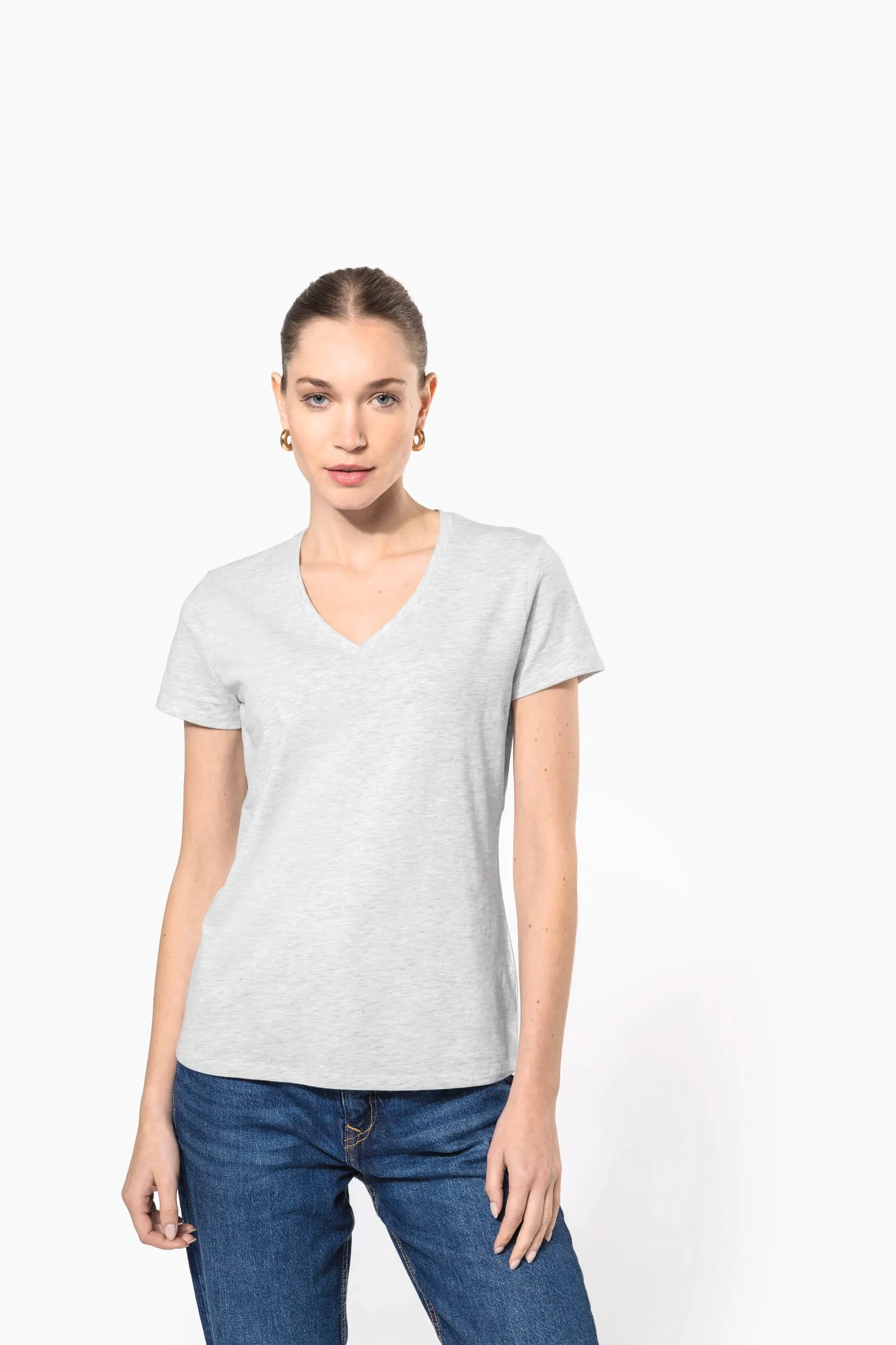Camiseta de manga cota y cuello de pico mujer