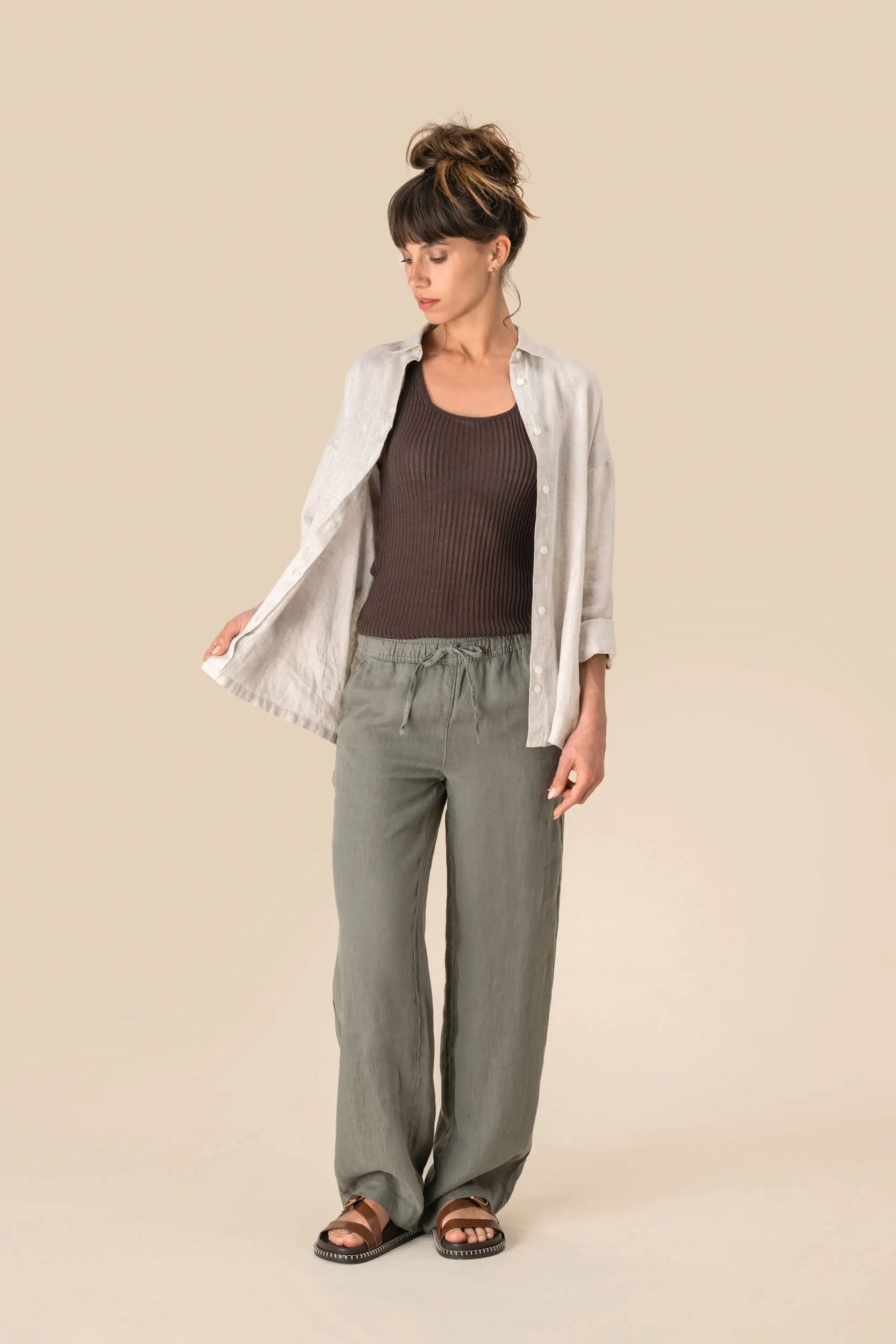 Pantalón efecto lavado de lino mujer